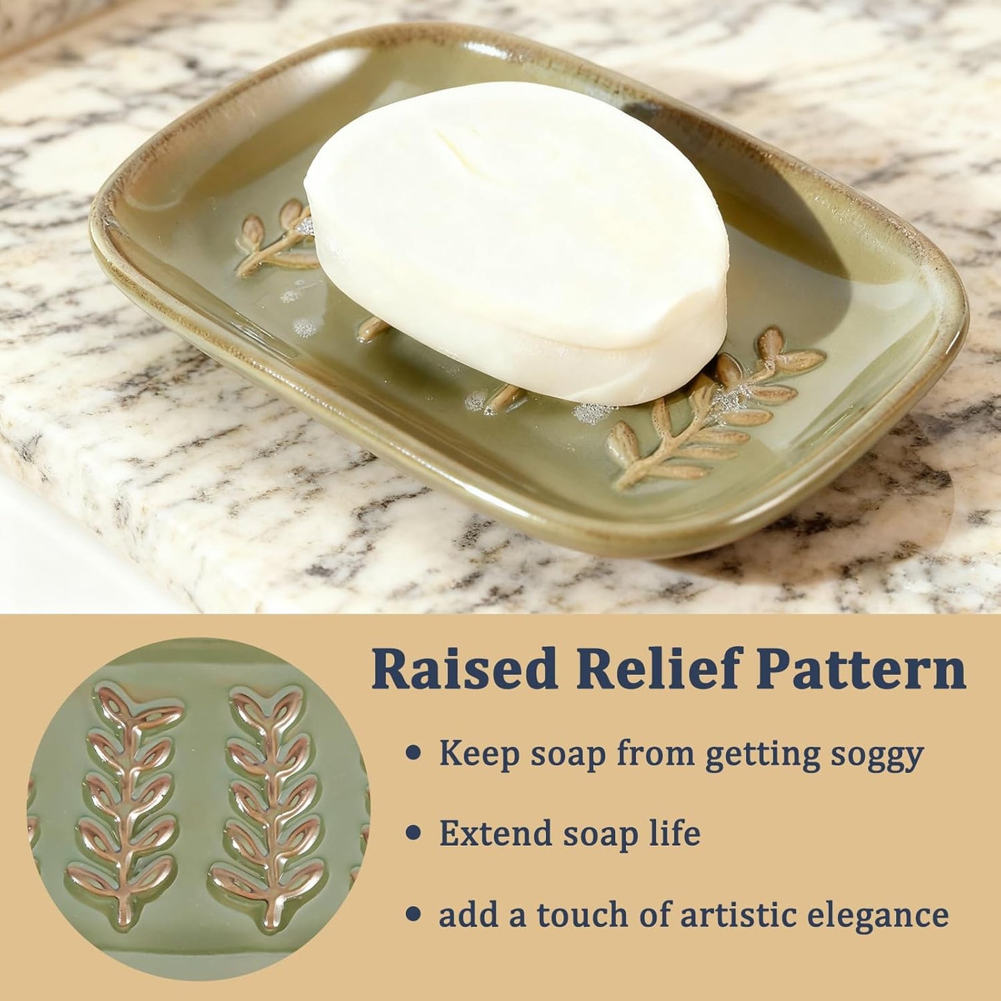 Aesthetic Ceramic Soap Dish for Shower, Soap Holder with Raised Relief, Shower Soap Dish for Shampoo Bar Or Sponge, Soap Saver for Bathroom, Kitchen, Sink, Decorative Soap Tray (Green)