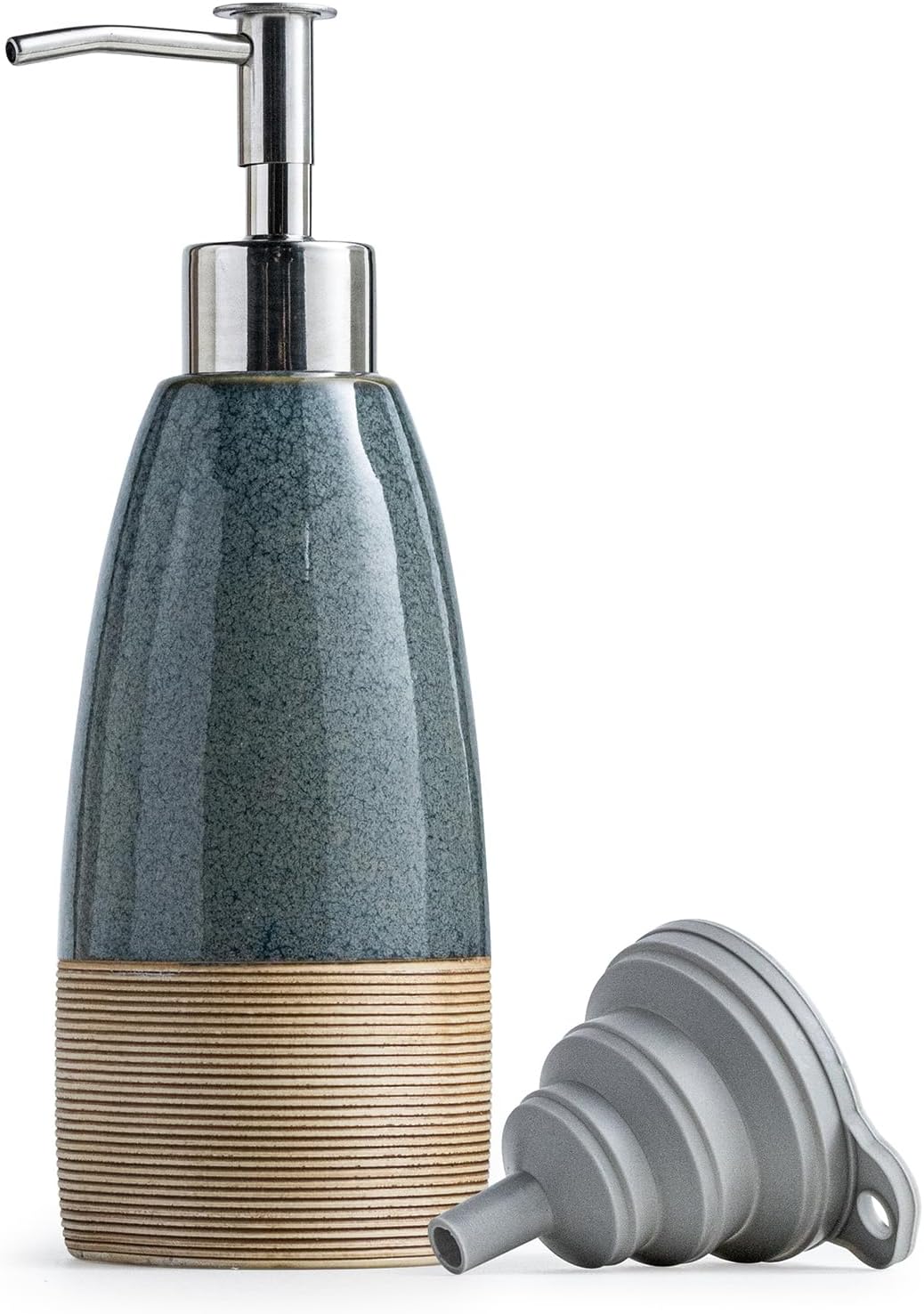 12 oz Dish Soap Dispenser with 2 Pumps, Ceramic Hand Soap Bottle for Shampoo, Body Wash, Lotion, Liquid Dispenser for Kitchen Countertop with Silicone Funnel, Ideal for Thanksgiving, Christmas, Blue