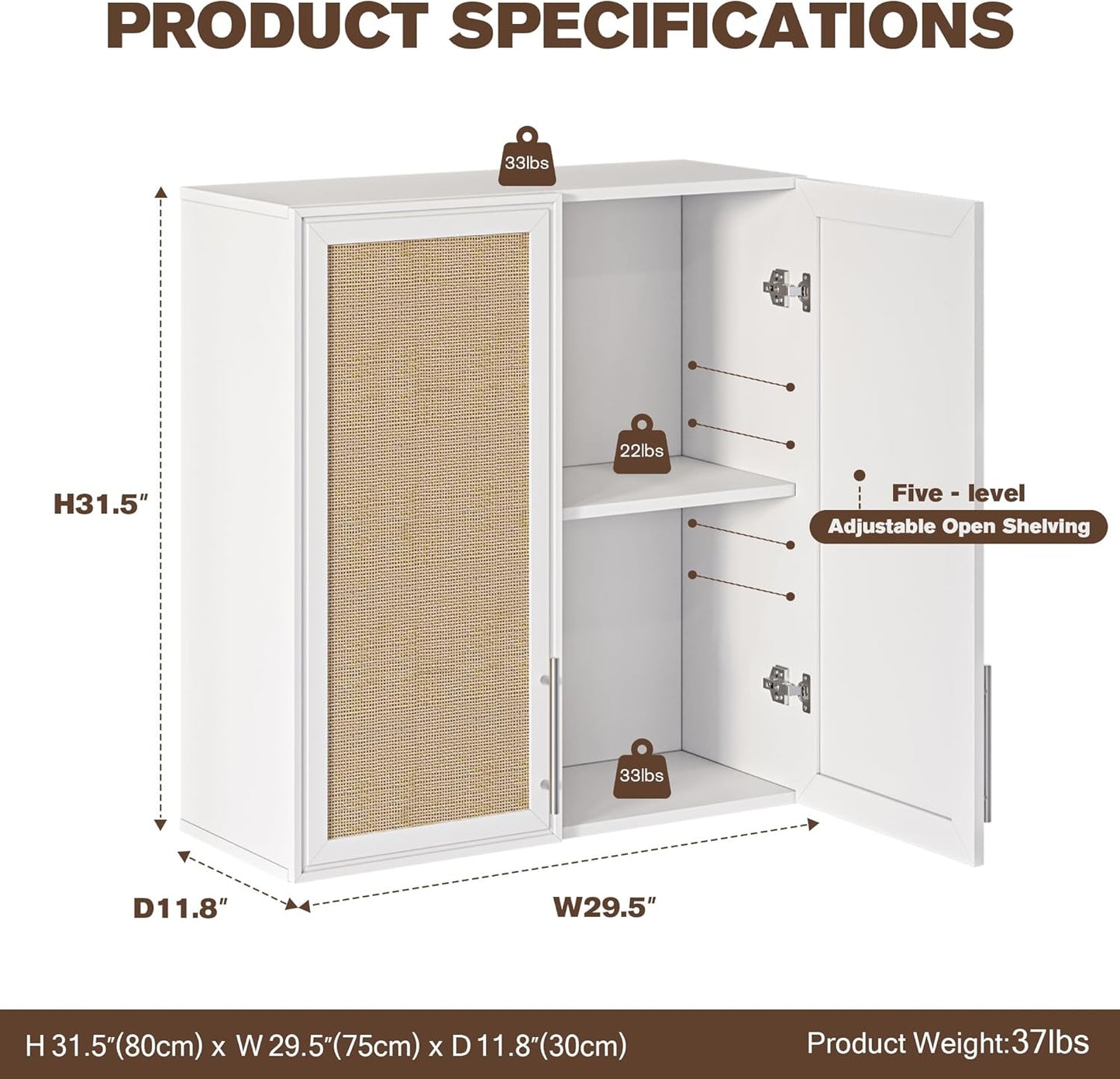 Rattan Wall Storage Cabinets - 30" Wide Large Wall Amount Laundry Room Cabinets with Adjustable Shelf for Kitchen,Bathroom