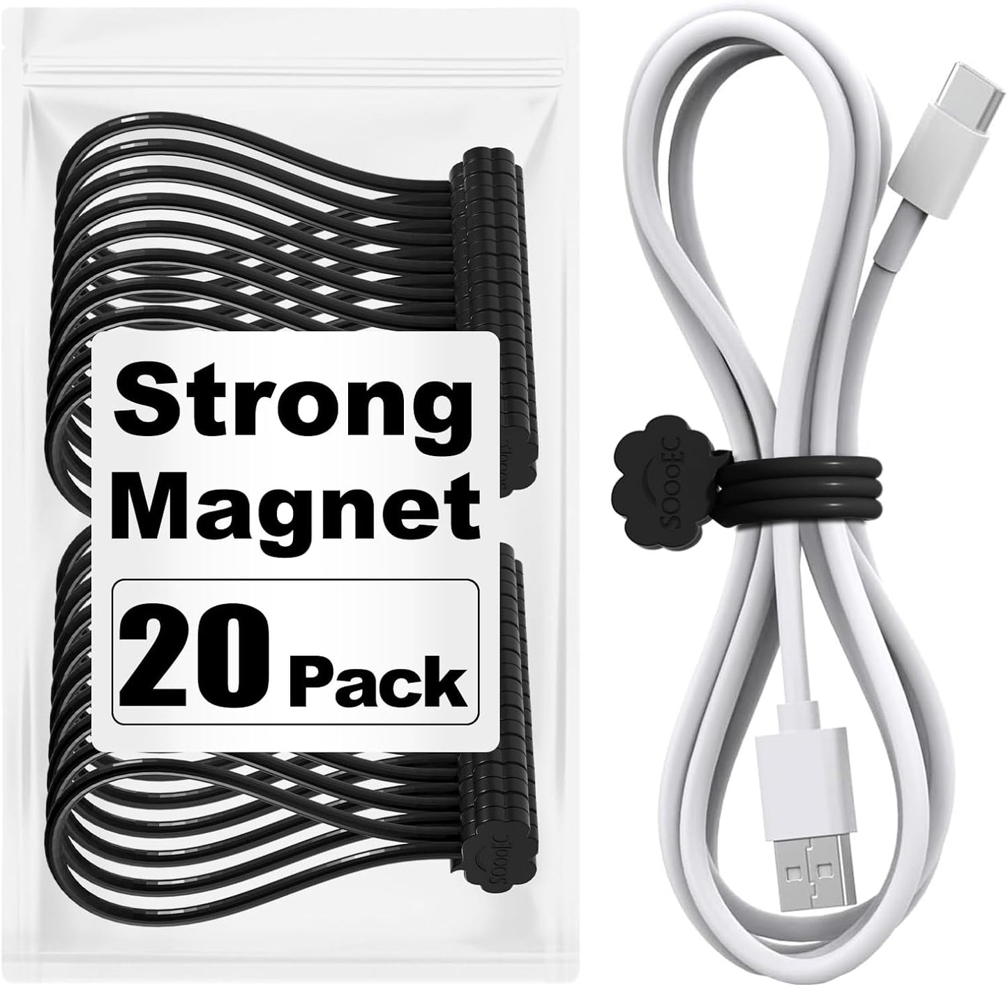 SOOOEC Black Magnetic Cable Ties, 20 Pack 7.2" Magnetic Cord Ties Cute Cloud Design, Silicone Magnetic Ties for Cord Organizer, Black Color.
