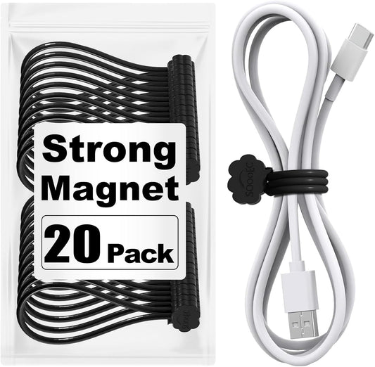 SOOOEC Black Magnetic Cable Ties, 20 Pack 7.2" Magnetic Cord Ties Cute Cloud Design, Silicone Magnetic Ties for Cord Organizer, Black Color.