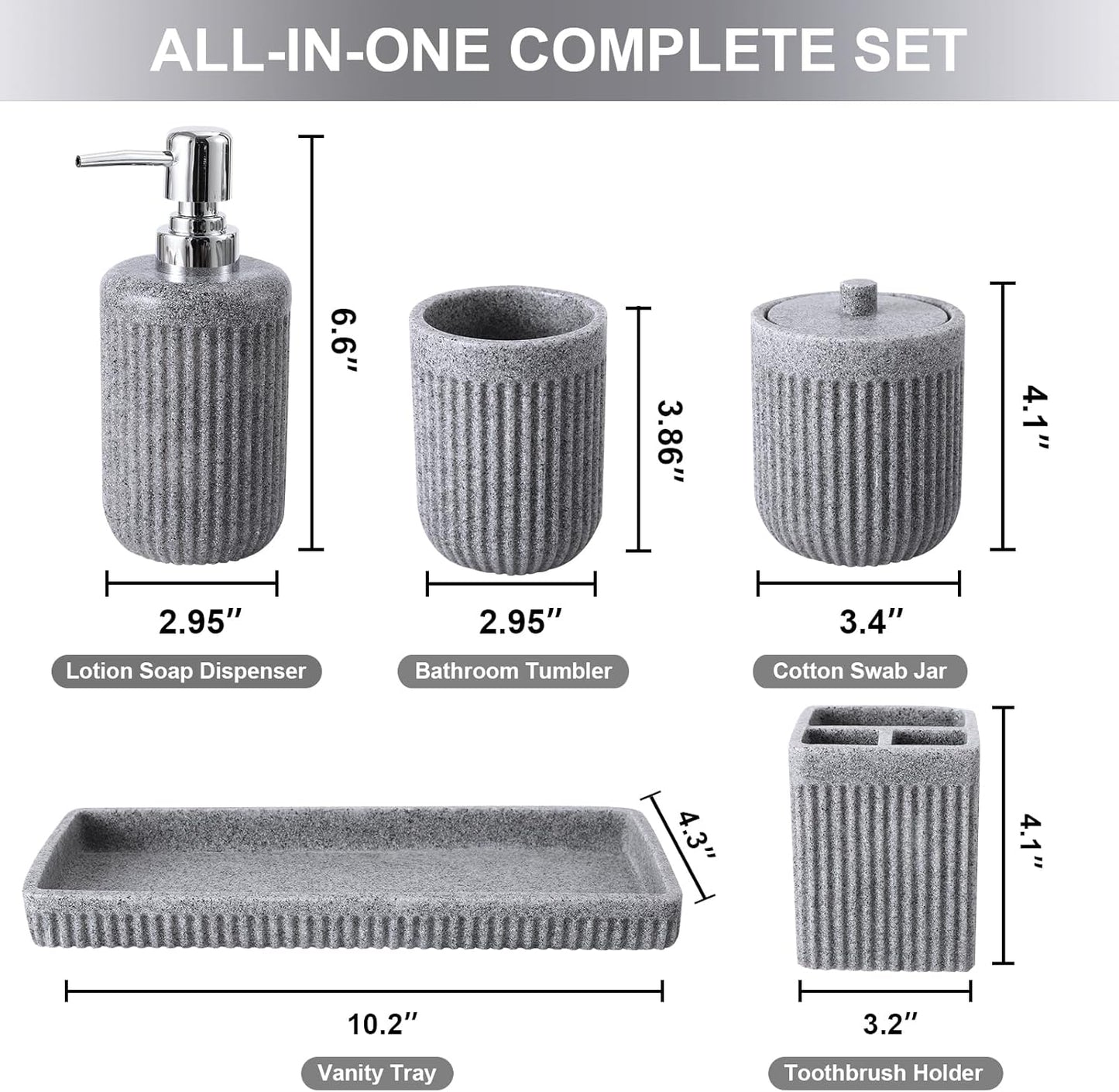 Resin Grey Bathroom Accessories Set 5 Pcs, Lotion Soap Dispenser, Toothbrush Holder, Bathroom Tumbler, Qtip Holder and Vanity Tray, Bathroom Countertop Organizer Set for Modern Home Apartment