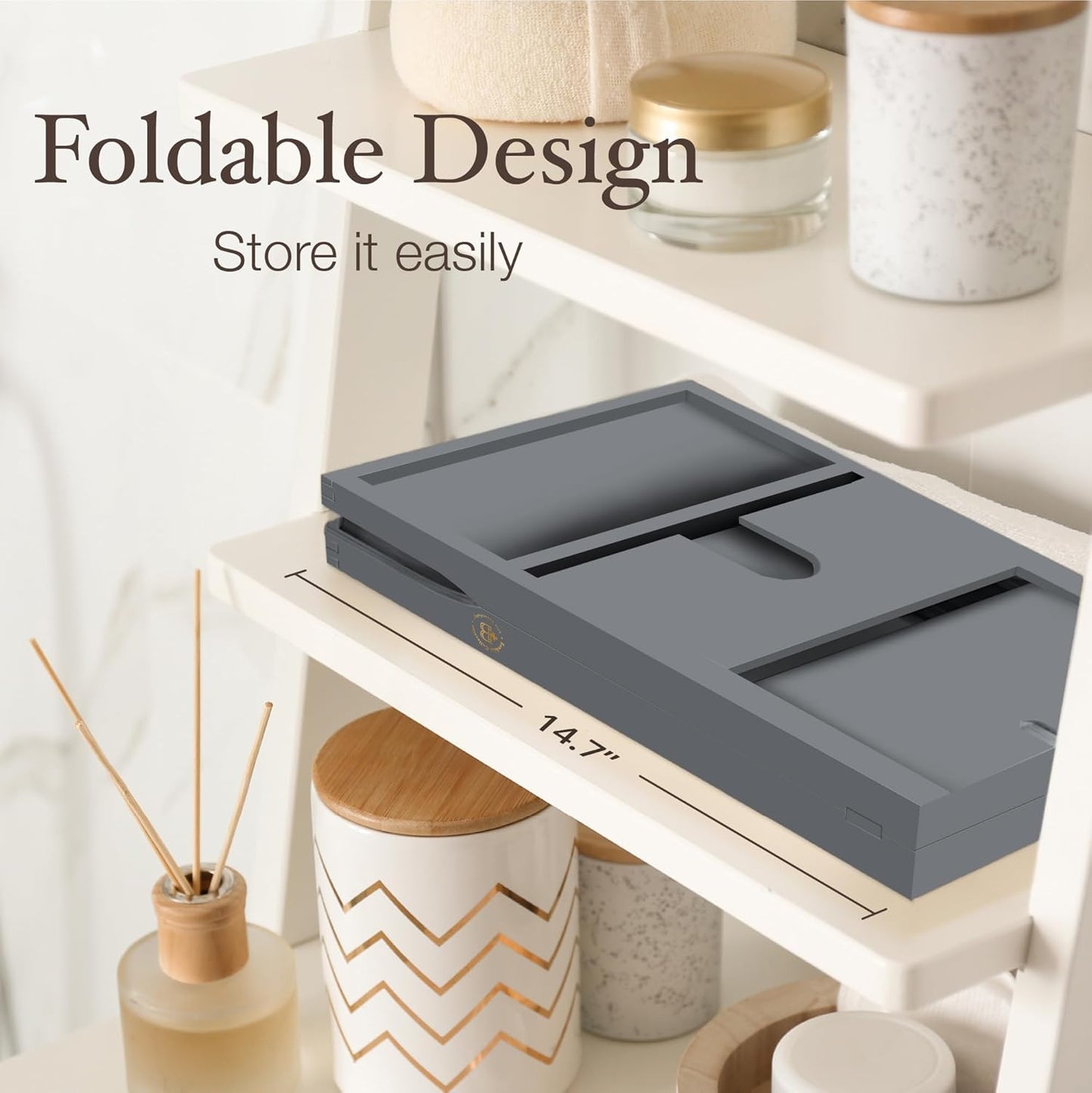 Bathtub Tray - Expandable Gray Bamboo Bath Tray for Tub with Wine Glass Holder, Book & Tablet Stand - Wooden Bathtub Caddy for Bathroom Accessories, Spa Relaxation, Housewarming & Wedding Gift