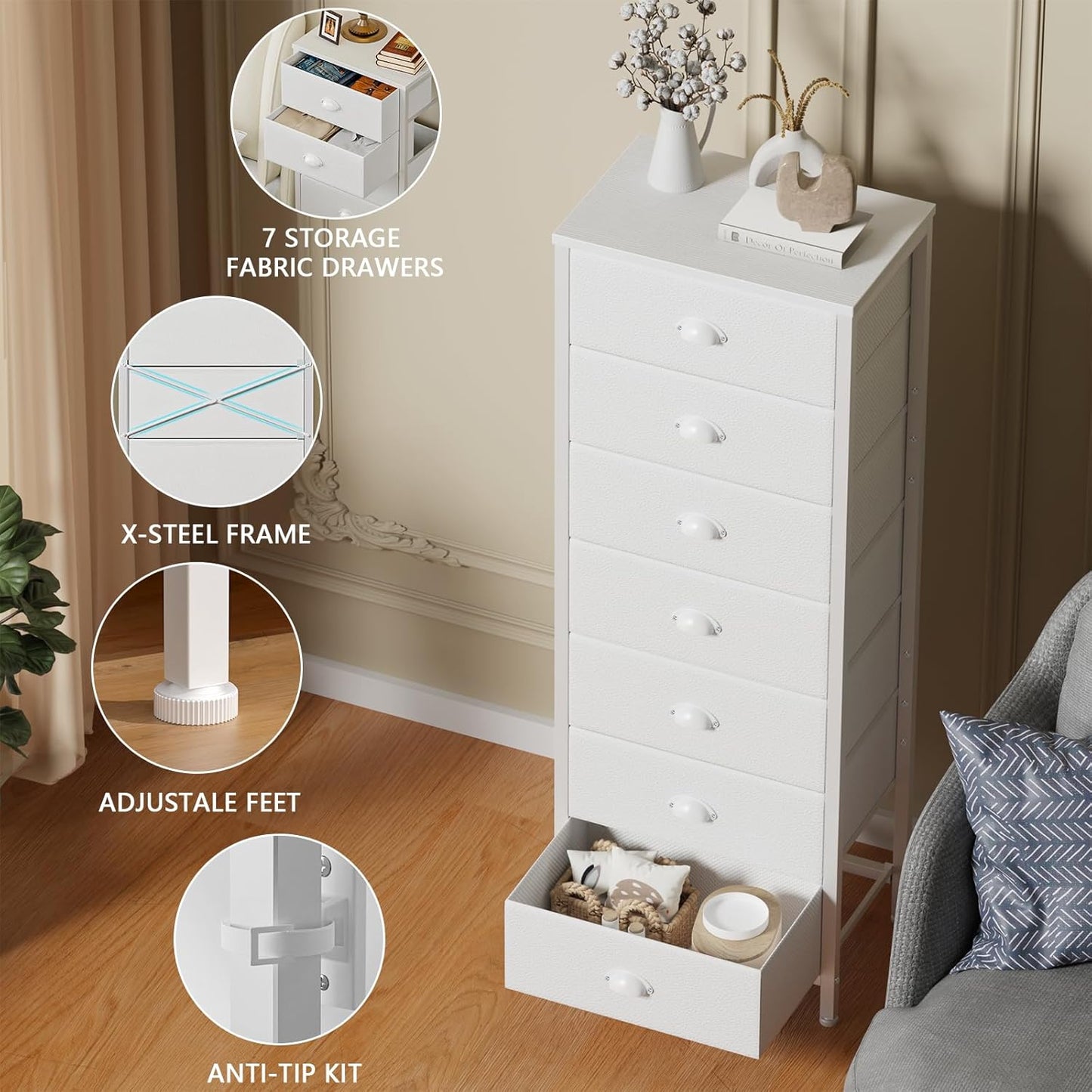 Furnulem White Tall Dresser for Bedroom with 7 Drawers, Vertical Chest of Drawer in Closet, Nightstand Storage Tower Unit Organizer with Fabric Bins for Dorm,Living Room,Entryway,Hallyway