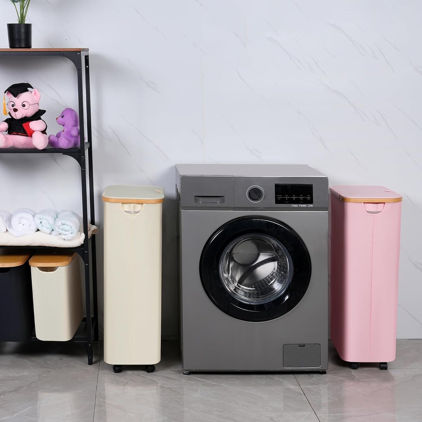 75L Laundry Basket with Wheels,Clothes Hamper for Laundry,Laundry Hamper with Lid and Inner Bag, for Laundry Room, Bedroom, Dormitory Storage,Pink