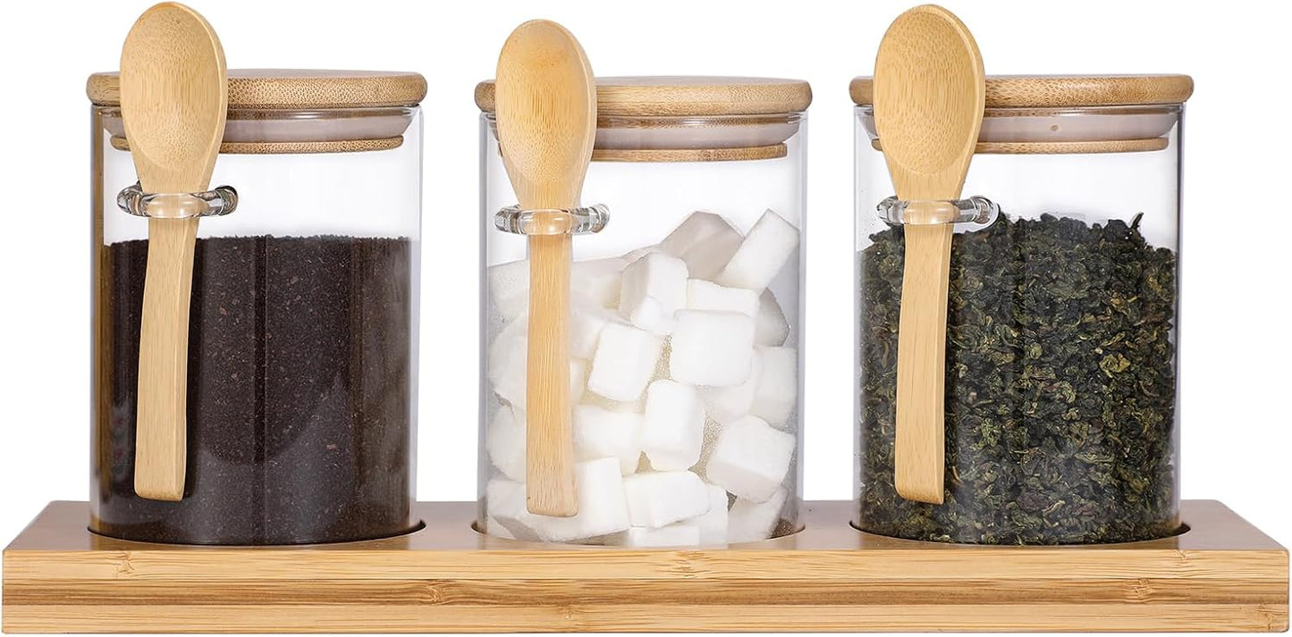 Glass Spice Storage Container with Spoon, 3PCS 20oz Airtight Sealed Condiment Jar with Tray, Kitchen Pantry Seasoning Canister Set for Salt Coffee Sugar Tea & Bathroom Cotton Swab Ball