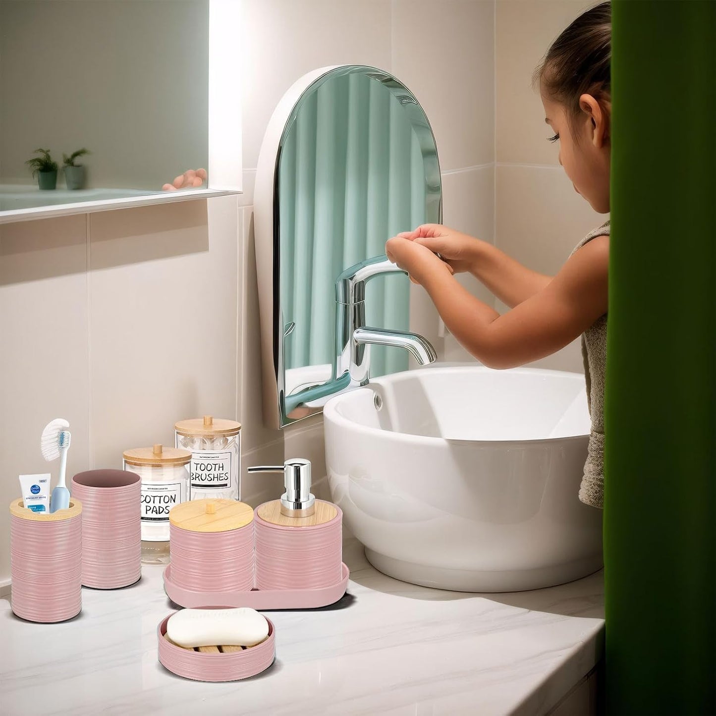 IMAVO Pink Bathroom Set,26Pcs Bathroom Accessories Set with PVC Shower Curtain,Rugs,Trash Can,Tray,Soap Dispenser,Soap Dish,Toothbrush Holder,Toothbrush Cup,Toilet Brush Holder and Qtip Holders