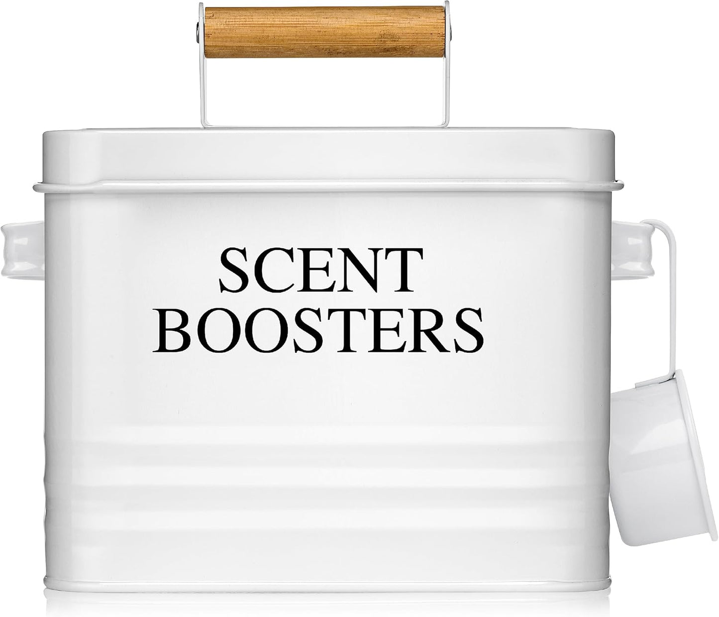 Calindiana Modern Farmhouse Metal Laundry Scent Booster Beads Dispenser Container with Scoop for Laundry Room Decor and Accessories and Space Saving Laundry Room Organization and Storage, White