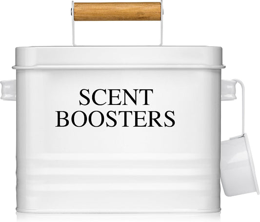 Calindiana Modern Farmhouse Metal Laundry Scent Booster Beads Dispenser Container with Scoop for Laundry Room Decor and Accessories and Space Saving Laundry Room Organization and Storage, White