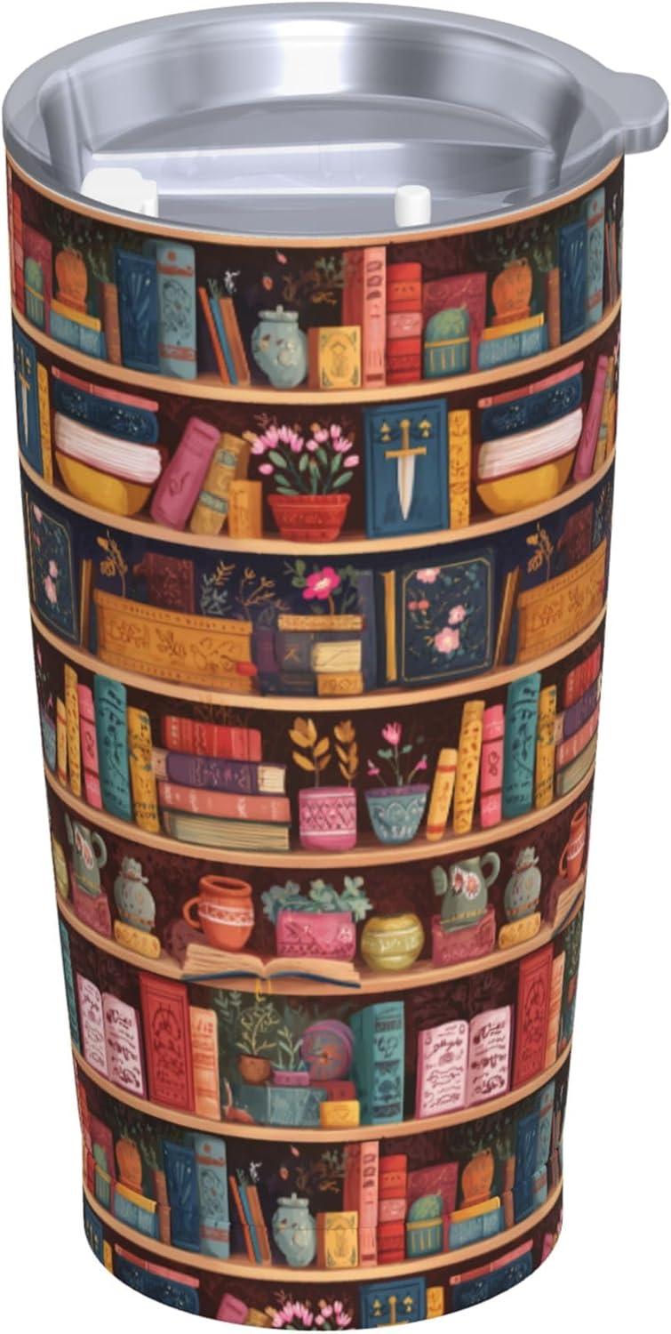 Bookshelf Tumbler with Lid and Straw 20oz Insulated Reusable Stainless Steel Travel Mug Double Wall Vacuum Coffee Cup for Hot Cold Drinks Leak-Proof Portable Cups for Women Men Gifts