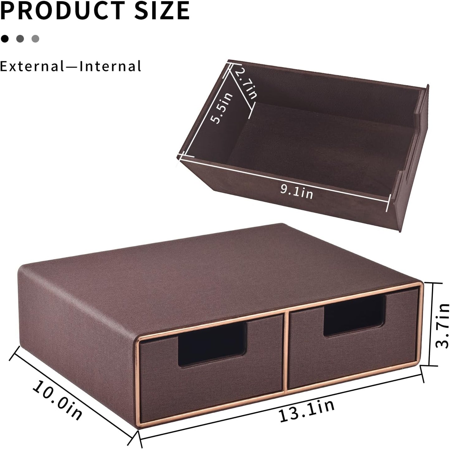 Linen Leather Desk Organizer and monitor stand with Drawers－Mini Desktop Drawer Organizer Stackable－Tabletop Organization Storage Box for Office Supplies Home Vanity Toiletries (Brown, 2-drawers)