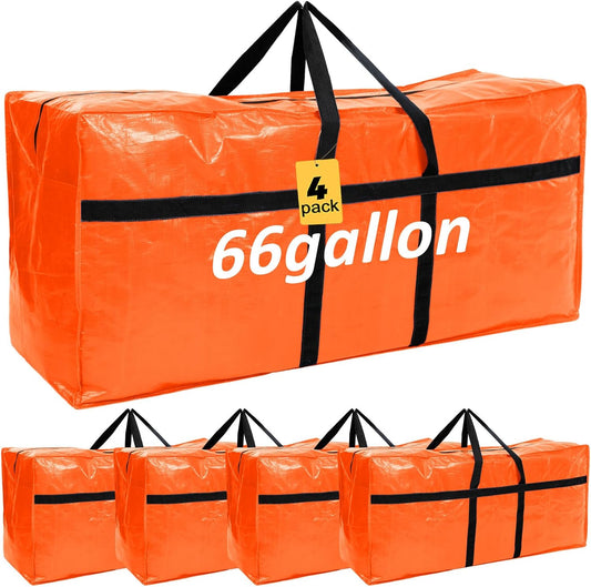 4 Pcs 66 Gallon Large Moving Bags with Zipper and Handles Foldable Storage Duffle Bags Heavy Duty Extra Large Totes for College Dorm Travel Clothes Blankets Bedding Moving (Orange)