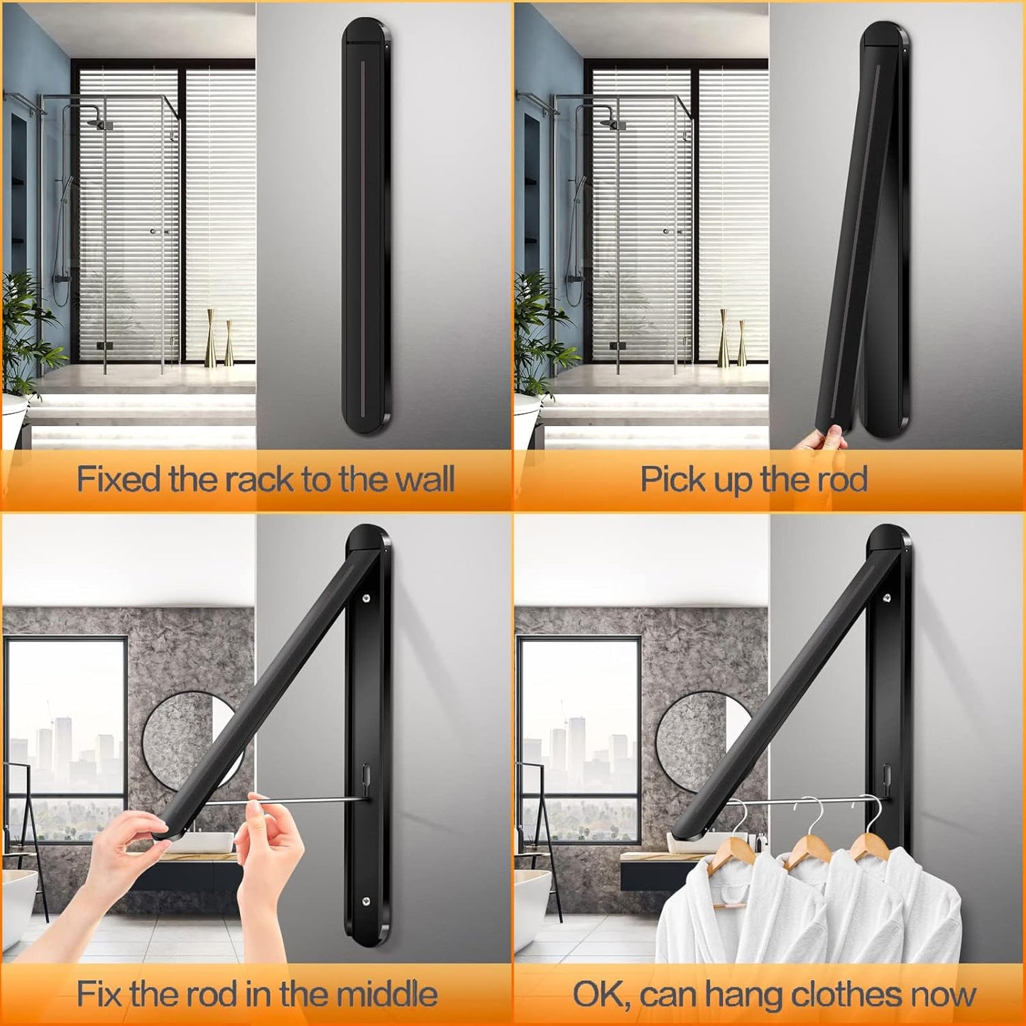 Wall Mounted Clothes Drying Rack-Foldable Indoor Laundry Rack,Space Saving Collapsible Clothes for Bathroom, Dorm, Apartment, RV, Laundry Room Organization.(Black-Aluminum)