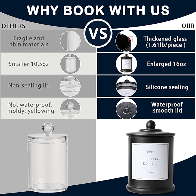 3 Pack Qtip Holder Dispenser, 16oz Bathroom Organizer and Storage Canisters, Glass Apothecary Jars with Lid - Home Decor, Room Decor Aesthetic (Black)