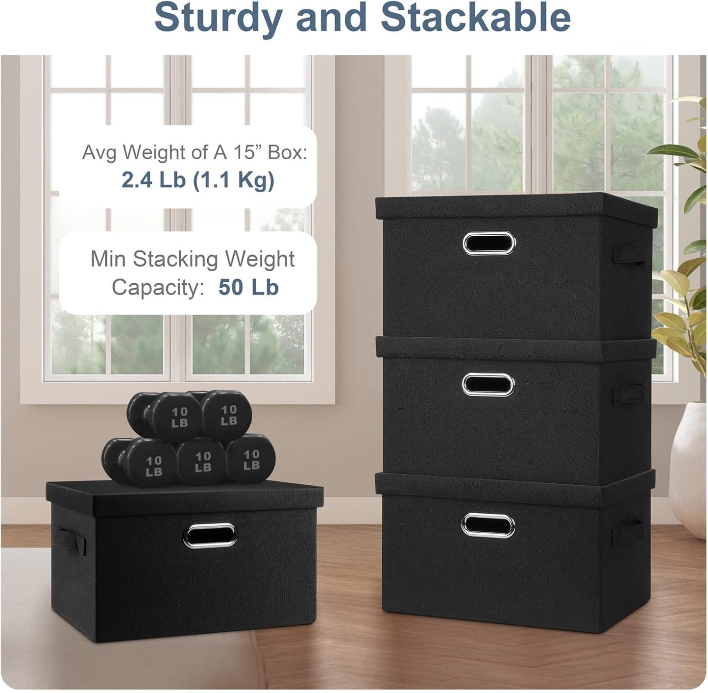 Medium 15" 21 Quart Collapsible Stackable Storage Bins with Lids, 1 Pack Black Foldable Fabric Closet Storage Boxes with Lids, 4 Handles Heavy-duty Linen Cube Baskets for Bedroom