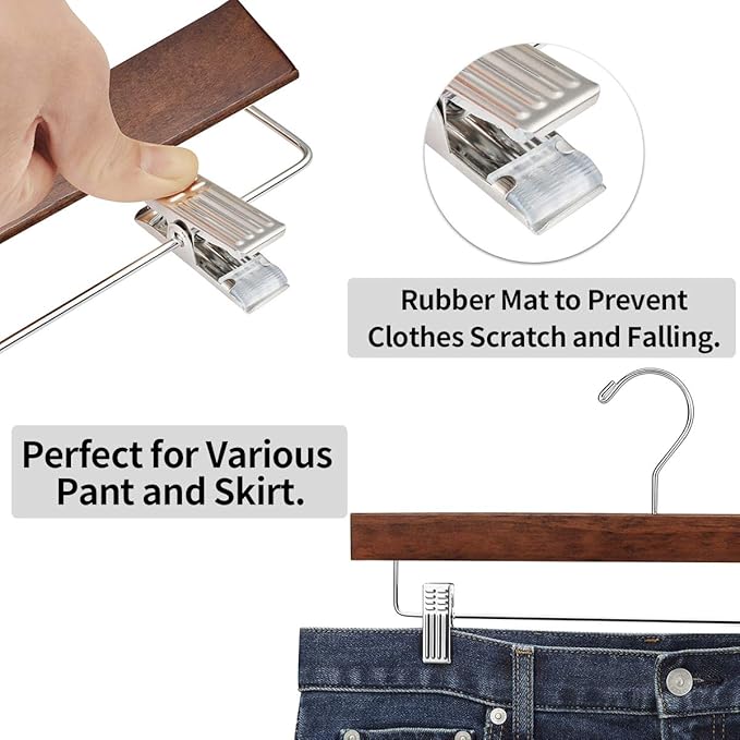 AMKUFO 20pcs Wooden Pants Hangers Solid Pants Hangers with Adjustable Clips 14 Inch Walnut Wood Skirt Hangers Trousers Bottom Hanger with Non-Slip Clips and 360° Swivel Hook