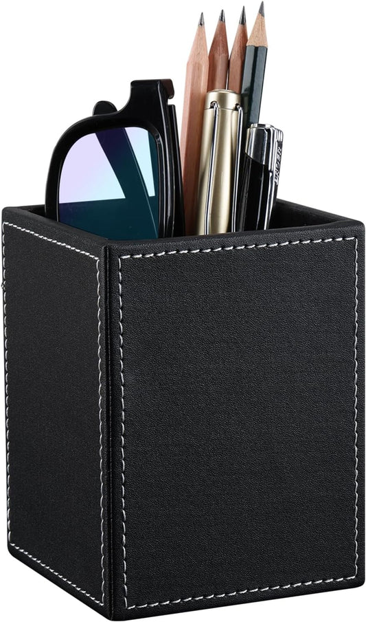 KINGFOM PU Leather Square Pens Pencils Holder Cup Desktop Stationery Organizer Case Office Accessories Container Box (black)