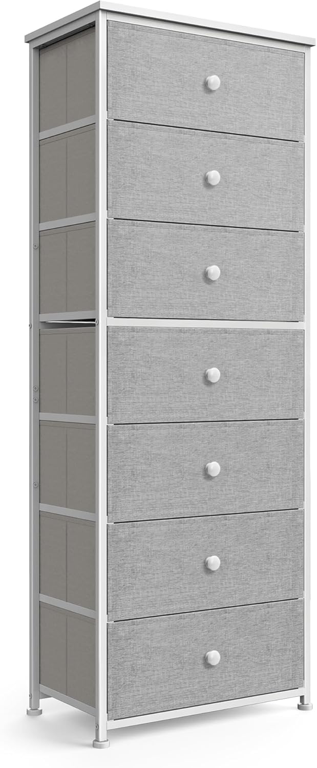 Tall Fabric Dresser for Bedroom, Vertical Storage Organizer Tower with 7 Drawers, Chest of Drawers with Bins, Steel Frame, Wood Top for Bedroom, Closet, Entryway Light Grey