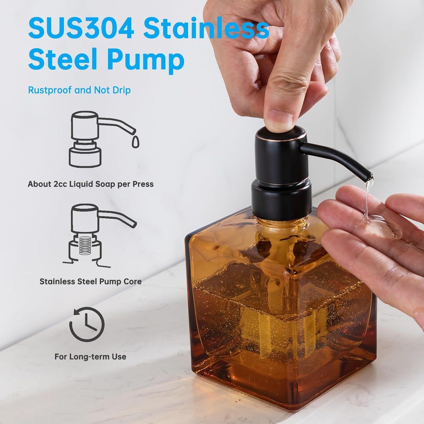 Square Bathroom Soap Dispenser Amber Bottle with Oil Rubbed Bronze Pump, Retangle Cube 8.4 oz Glass Bottles with Stainless Steel Pump Hand Liquid Soap Dispenser Kitchen