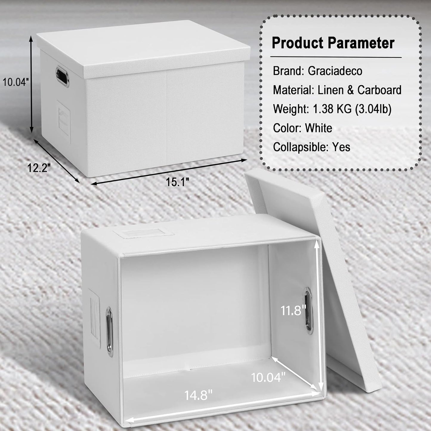 File Organizer Box, Decorative Storage Filling Box with Lid for Letter Legal Size Hanging Folders Collapsible Linen File Folder Box Office Document Storage Filing Bin, White 2 Pack