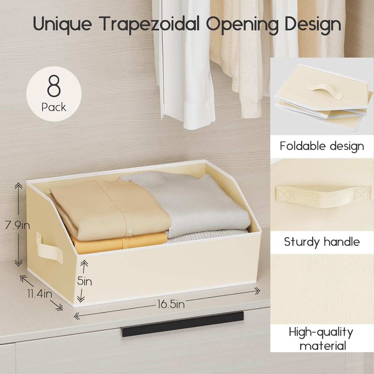 Large Closet Organizers and Storage Bins - 10 Pack Trapezoid Storage Baskets for Shelves, Foldable Fabric Basket with Handles Ideal for Closet, Basket, Wardrobe and Shelf Storage, Light Grey