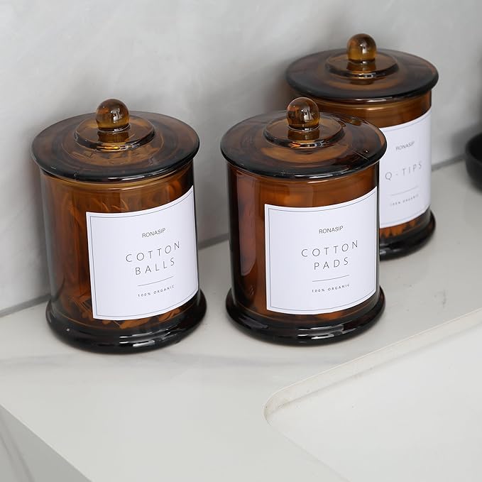 3 Pack Qtip Holder Dispenser, 16oz Bathroom Organizer and Storage Canisters, Glass Apothecary Jars with Lid - Home Decor, Room Decor Aesthetic (Amber)