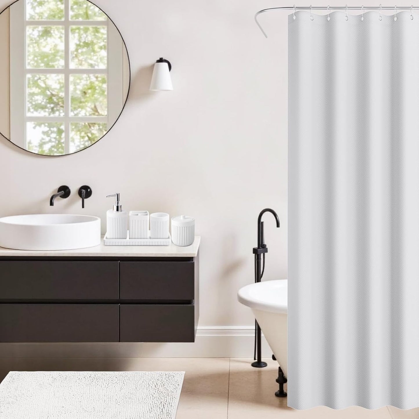 8-Piece White Bathroom Set - Resin Bathroom Accessories Sets Complete with Shower Curtain and Rugs, Soap Dispenser, Toothbrush Holder, Cup, Tray & Cotton Swab Jars