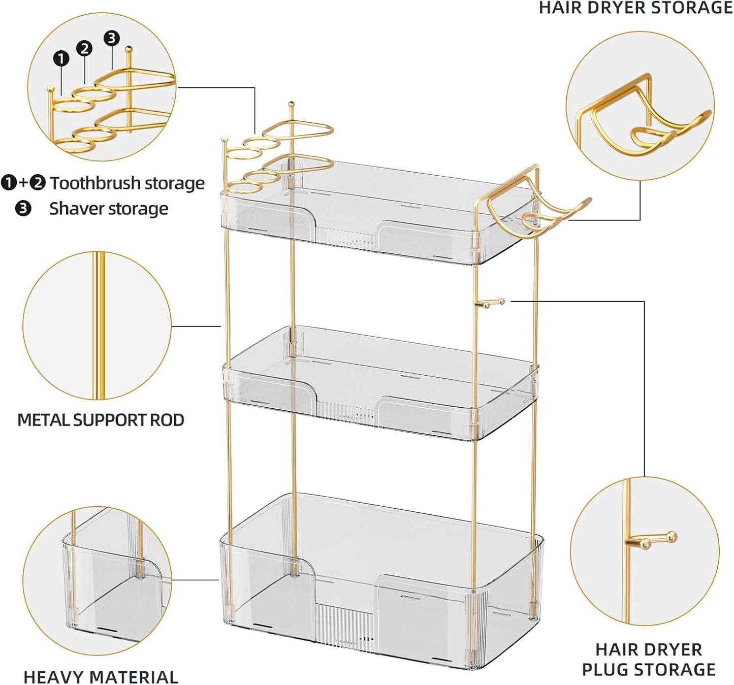 3 Tier Bathroom Organizer Countertop Makeup Perfume Tray Skincare Organizer Comes with Hair Dryer Rack and Toothbrush Holder for Bathroom Dresser Vanity (White)