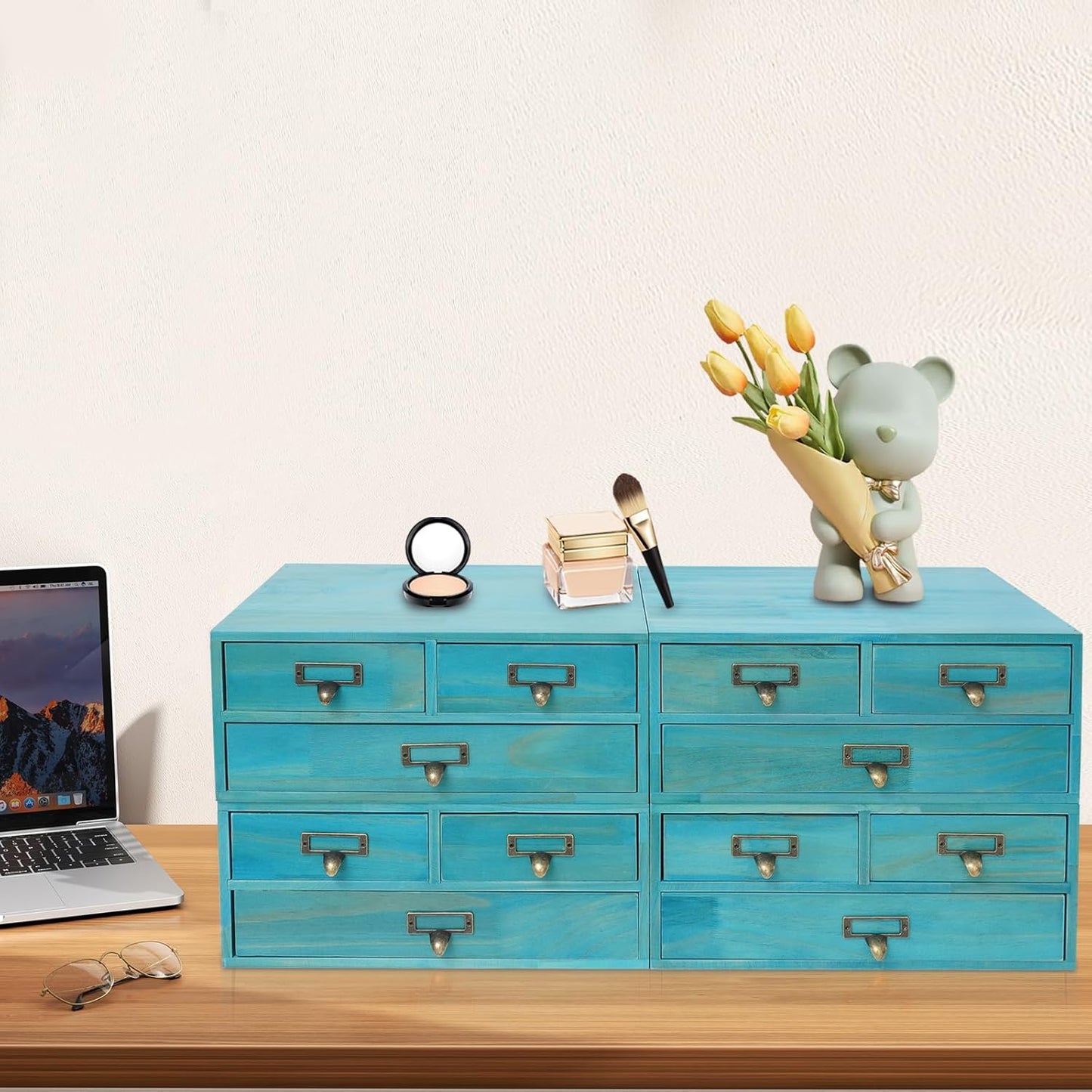 4-Piece Desktop Organizer Set with 3 Drawers, Wood & Metal Drawer Storage, Wooden Desktop Organizer for Store Cosmetics, Jewelry, Letters, Papers, Tea Bags, Sugar Packets (Blue)