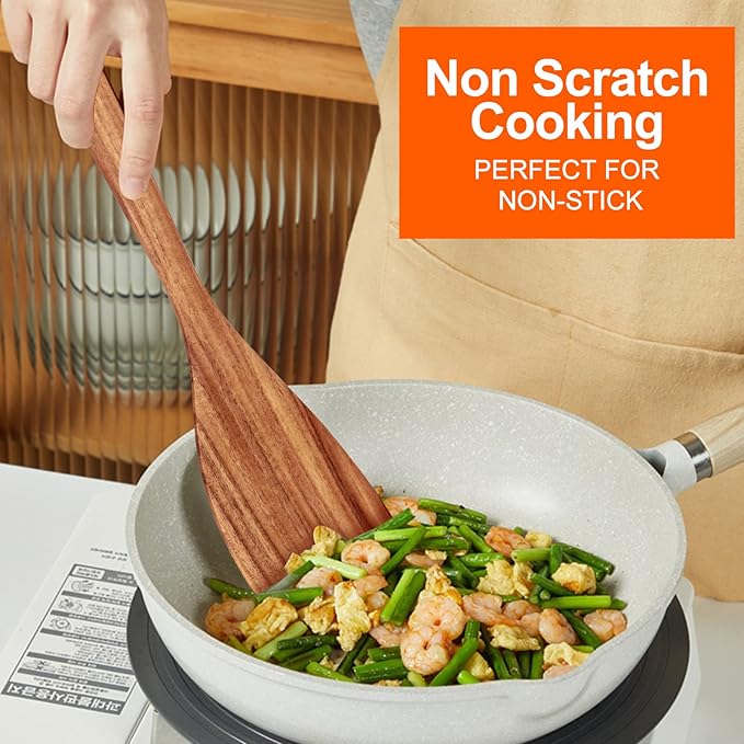 6 Pcs Best Flat Wood Spatula Set Teak Wooden Spoon for Cooking Utensils Slotted Turner Spatula Non Toxic Kitchen Utensil Set Scraper Spurtle Serving Turner Bamboo Cooking Spoons Egg Flipper Spatulas