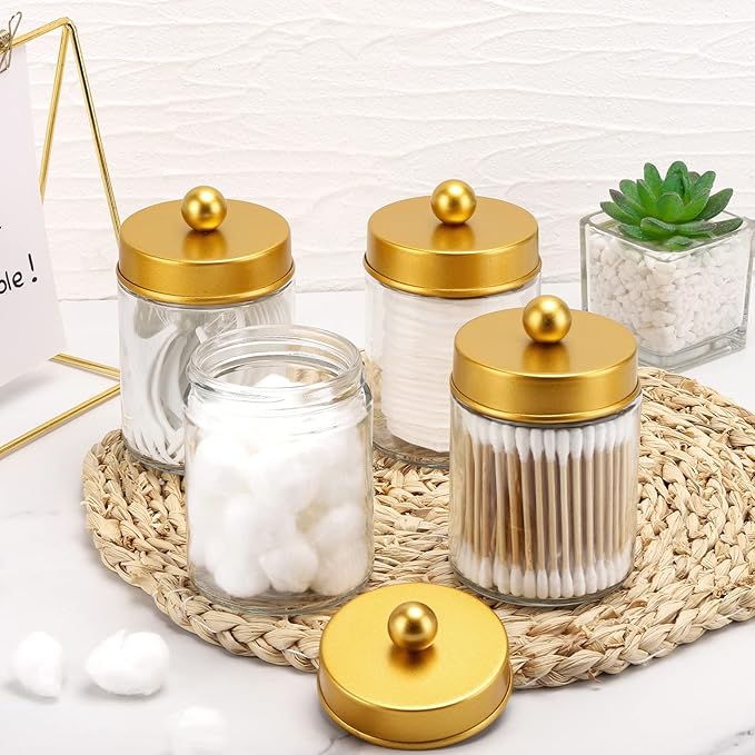 Tbestmax 4 Pack Glass Qtip Holder Dispenser, 10-Ounce Restroom Bathroom Organizers and Storage Containers, Apothecary Jars with Metal Lids for Cotton Ball Swab Pad, Gold