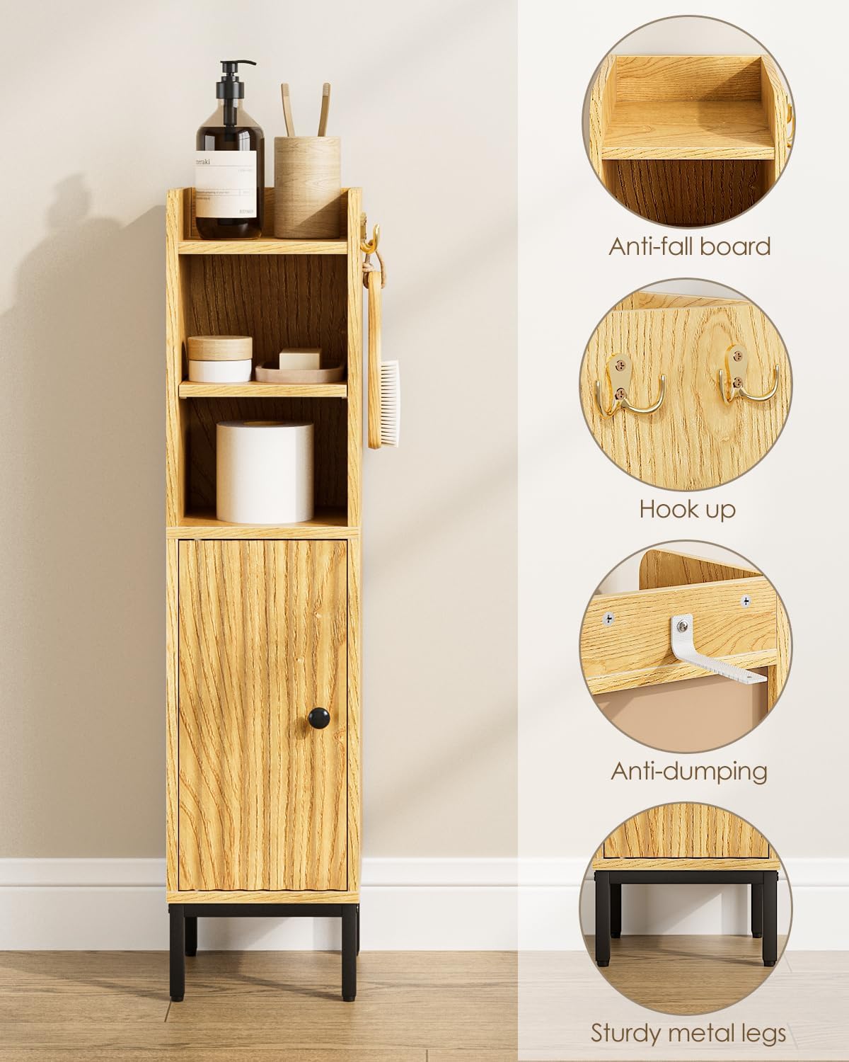 Bathroom Storage Cabinet, Small Corner Floor Hutch with Door and Shelves, Narrow Toilet Paper Cabinet, Bathroom Organizer with Adjustable Shelf, for Toile、Small Spaces