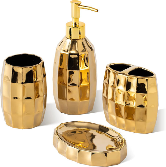 Bathroom Accessories Set, Golden Mosaic Ceramic Bathroom Accessory Sets Include Lotion Dispenser, Toothbrush Holder Tumbler, and Soap Dish