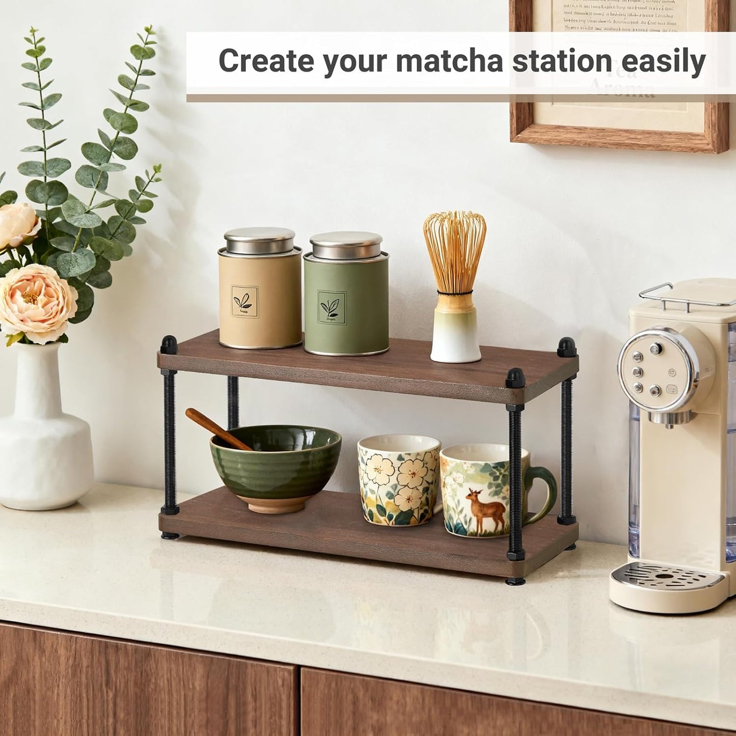 Mkono Coffee Station Organizer Wooden Mug Holder for Countertop Cup and Mug Shelf for Coffee Bar Accessories Rustic Matcha Stand 2 Tier Storage and Display Rack for Tea Cups Kitchen Office