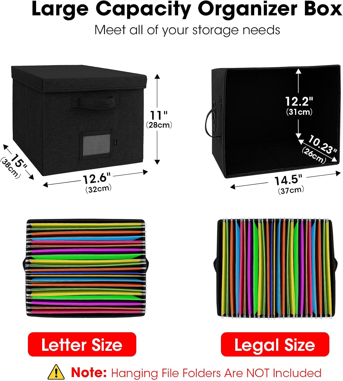 File Organizer Boxes with Lid, Linen Hanging File Storage Boxes with Handle, Collapsible Document Filling Boxes for Letter/Legal Folder, Portable File Box for Office/Decor/Home (2 Pack, Black)