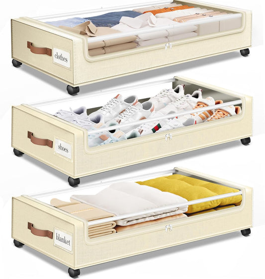 Under Bed Storage with Wheels 3Pack Underbed Storage with Clear Window&Label Under Bed Drawers Large Capacity Rolling Under Bed Storage for Clothes,Shoes, Blankets (Beige)