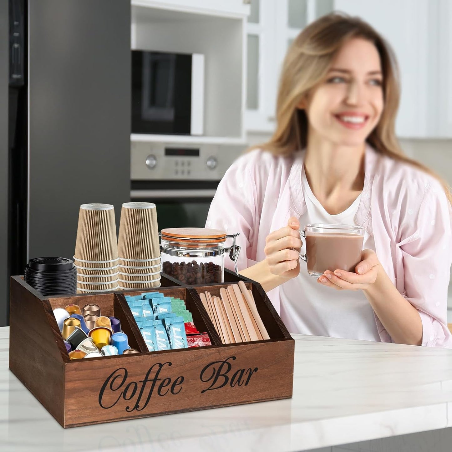 ugiftt Coffee Station Organizer for Counter, Wood Coffee Pods Holder Storage Basket, Tea Condiment Storage Organizer, Rustic Coffe Bar Decor for Accessories