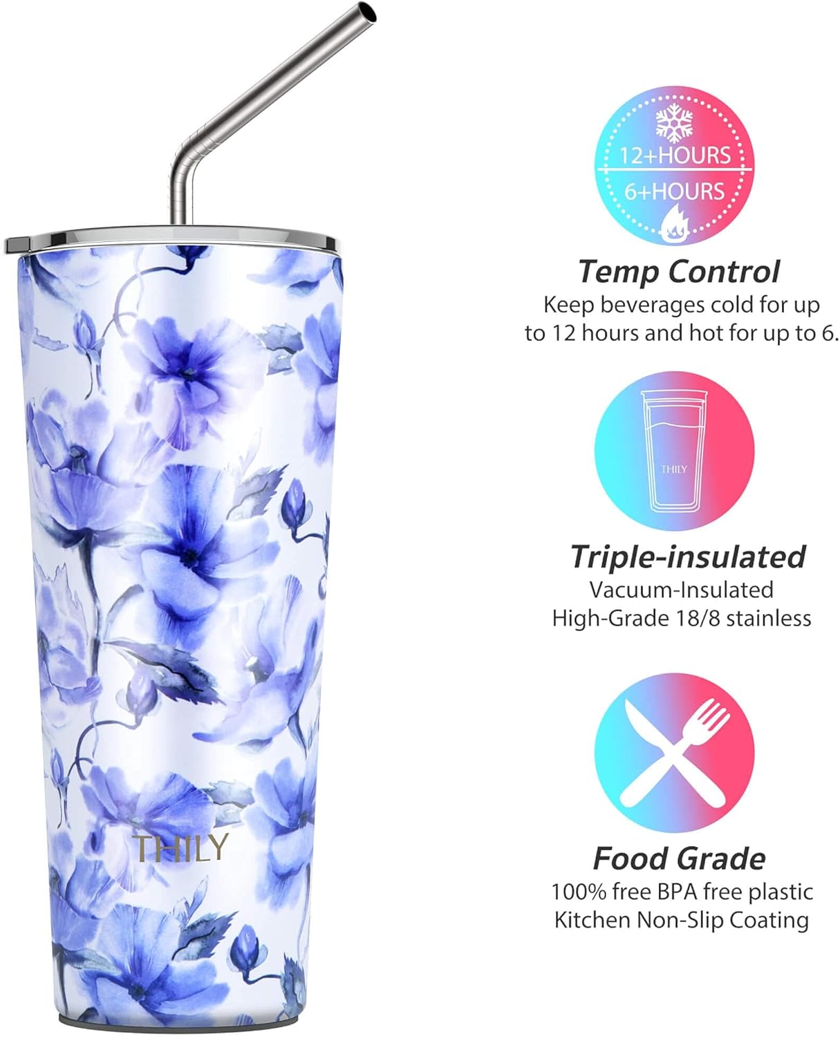 THILY Stainless Steel Vacuum Insulated Tumbler 26 oz Triple-Insulated Travel Mug with Splash-Proof Lid, for Iced Coffee and Hot Beverage, Iridaceae + Red Lotus