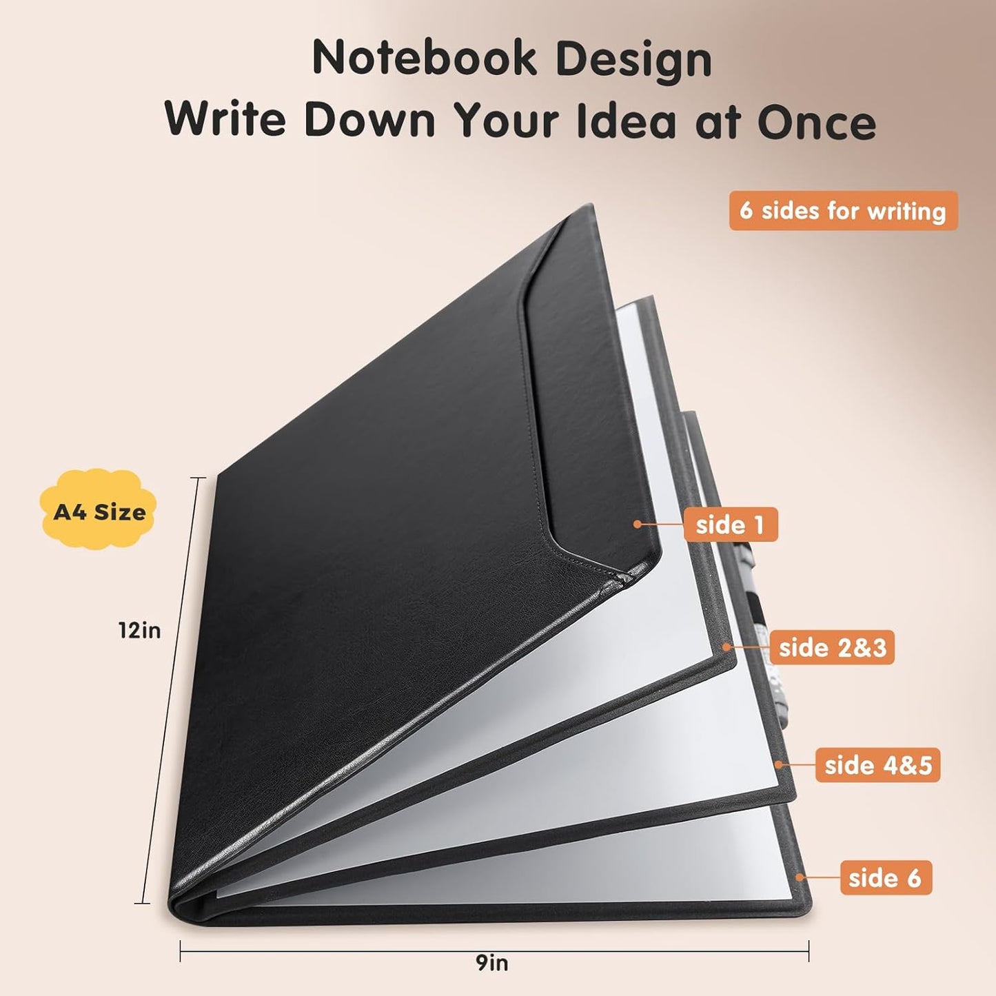 CoBak 6 Sides Portable White Board 12 x 9 inch (A4) - Notebook Design Dry Erase Small Board with Pocket and 3 Markers, Anti-Ghosting & Anti-Smudge Surface for Office, School, Homeschool (Black)