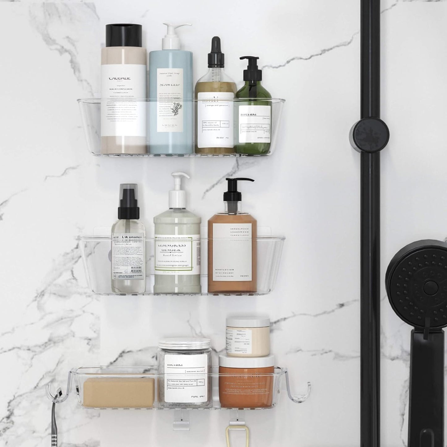 TZAMLI Clear Shower Caddy, Adhesive Shower Organizer Rustproof Shower Shelf with Razor Holder and Hook, Shower Rack for Bathroom Storage, 3 Pack