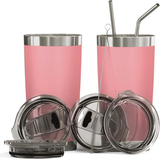 BluePeak Double Wall Stainless Steel Vacuum Insulated Tumbler Set, 2-Pack. Includes Sipping Lids, Spill-Proof Sliding Lids, Straws, Cleaning Brush & Gift Box (20oz, Pink)