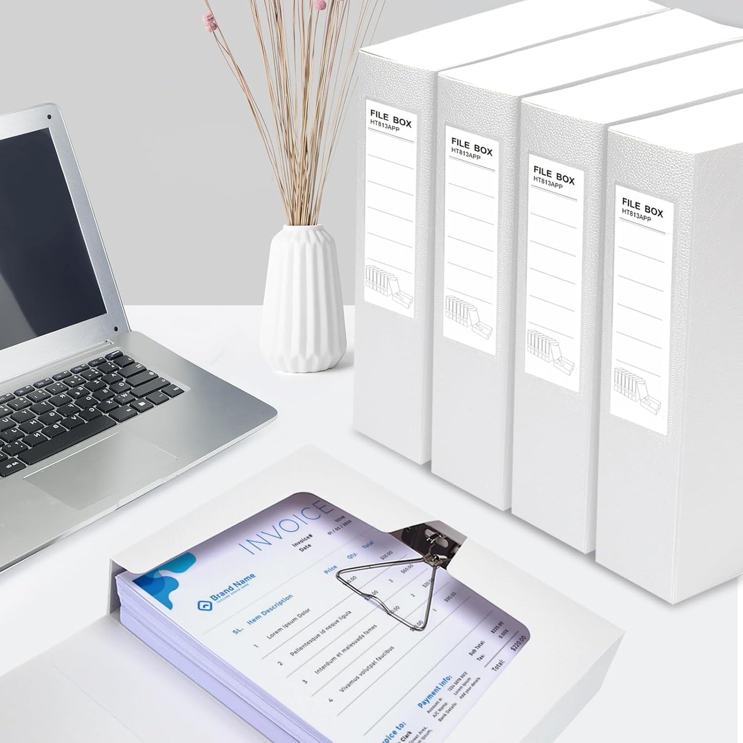 HUA JIE 2 Pack A4 Storage File Boxes Archives Case,65mm Spine,Box File Document Storage Box with Metal Clip for Office School -White