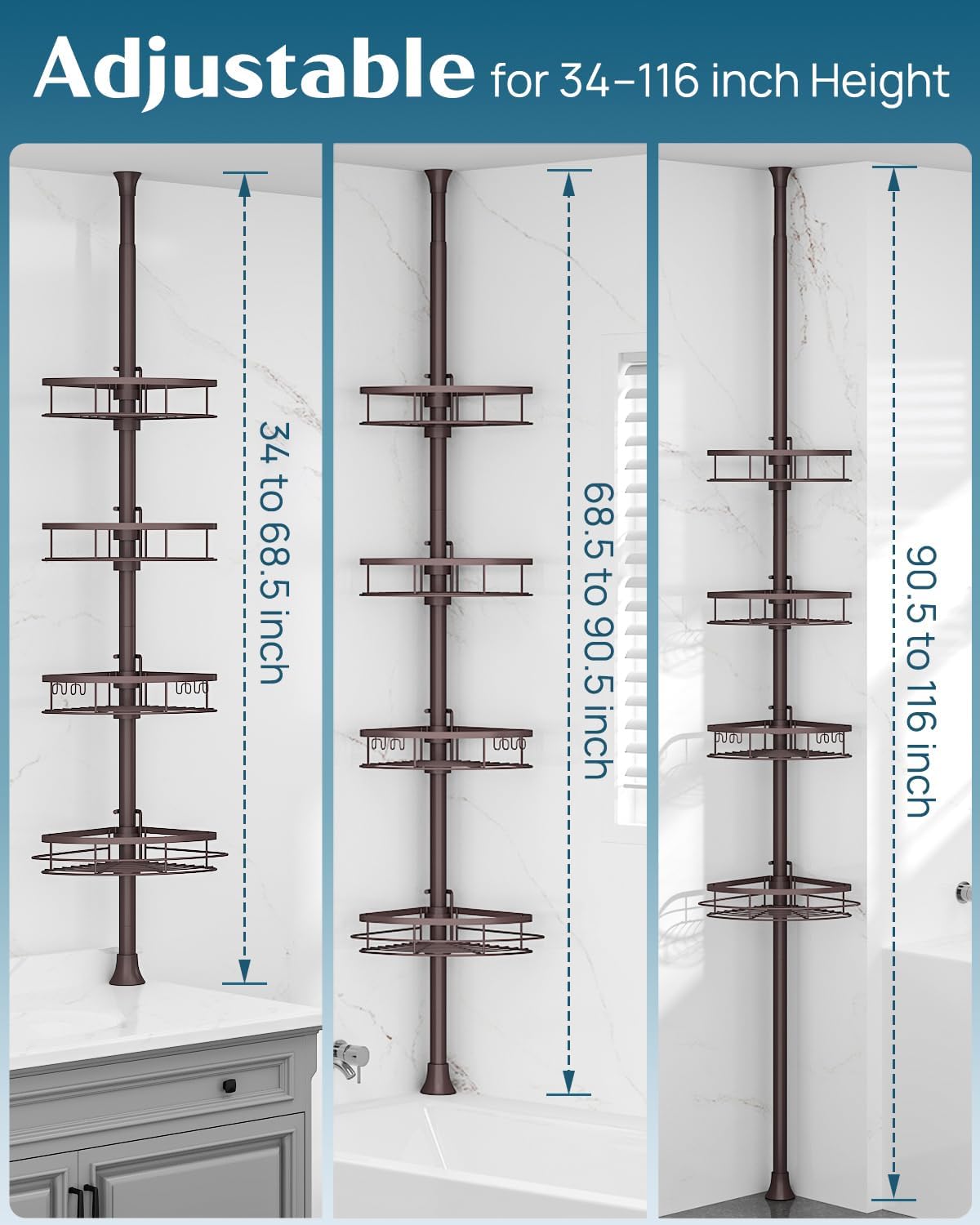 SEIRIONE Rustproof Shower Corner Caddy Organizer for Bathroom,Tension Pole with 4 Baskets, for Bathtub Storage Rack, 34 to 116 Inch Height, Bronze