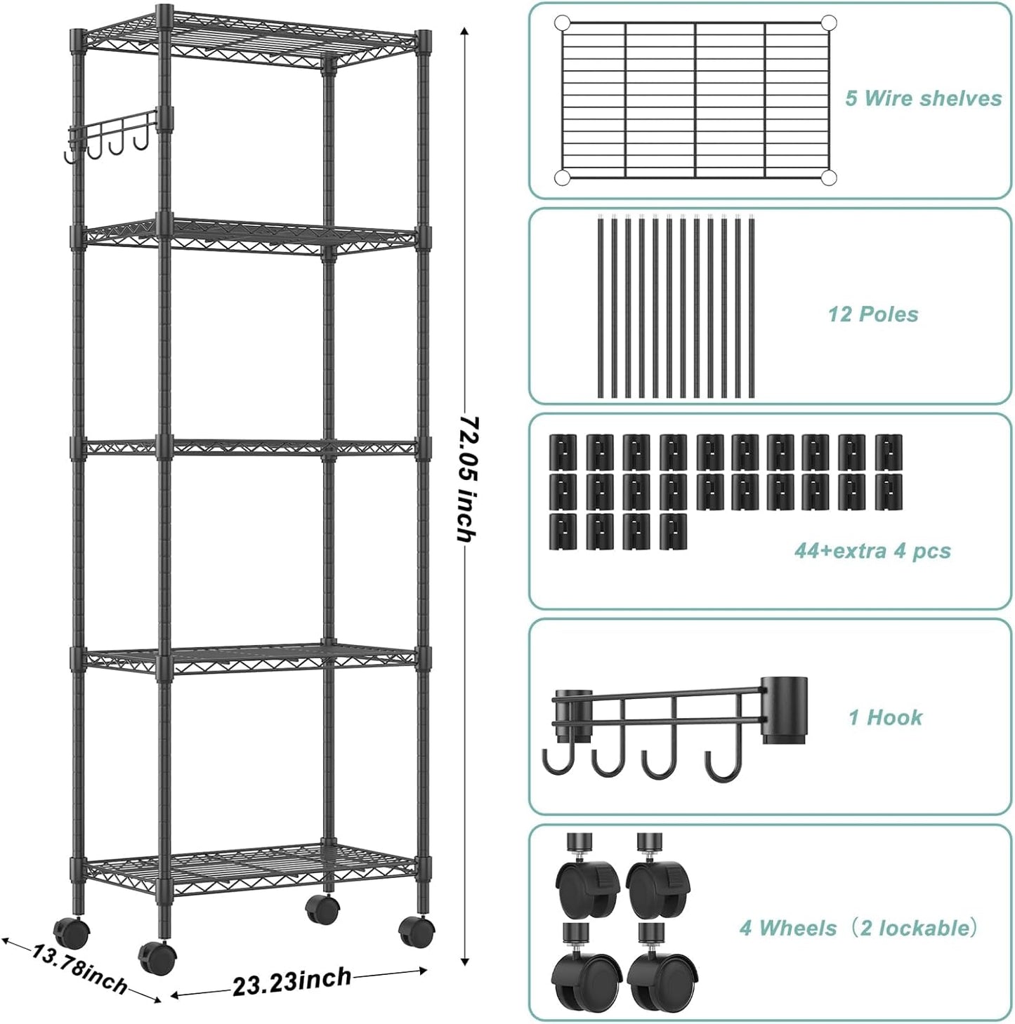 Himimi 5-Tier Wire Shelving Unit on Wheels, Adjustable Heavy Duty Metal Shelves with Side Hooks, Metal Organization Wire Rack for Kitchen Garage Basement, 13" L x 23" W x 72" H, Black