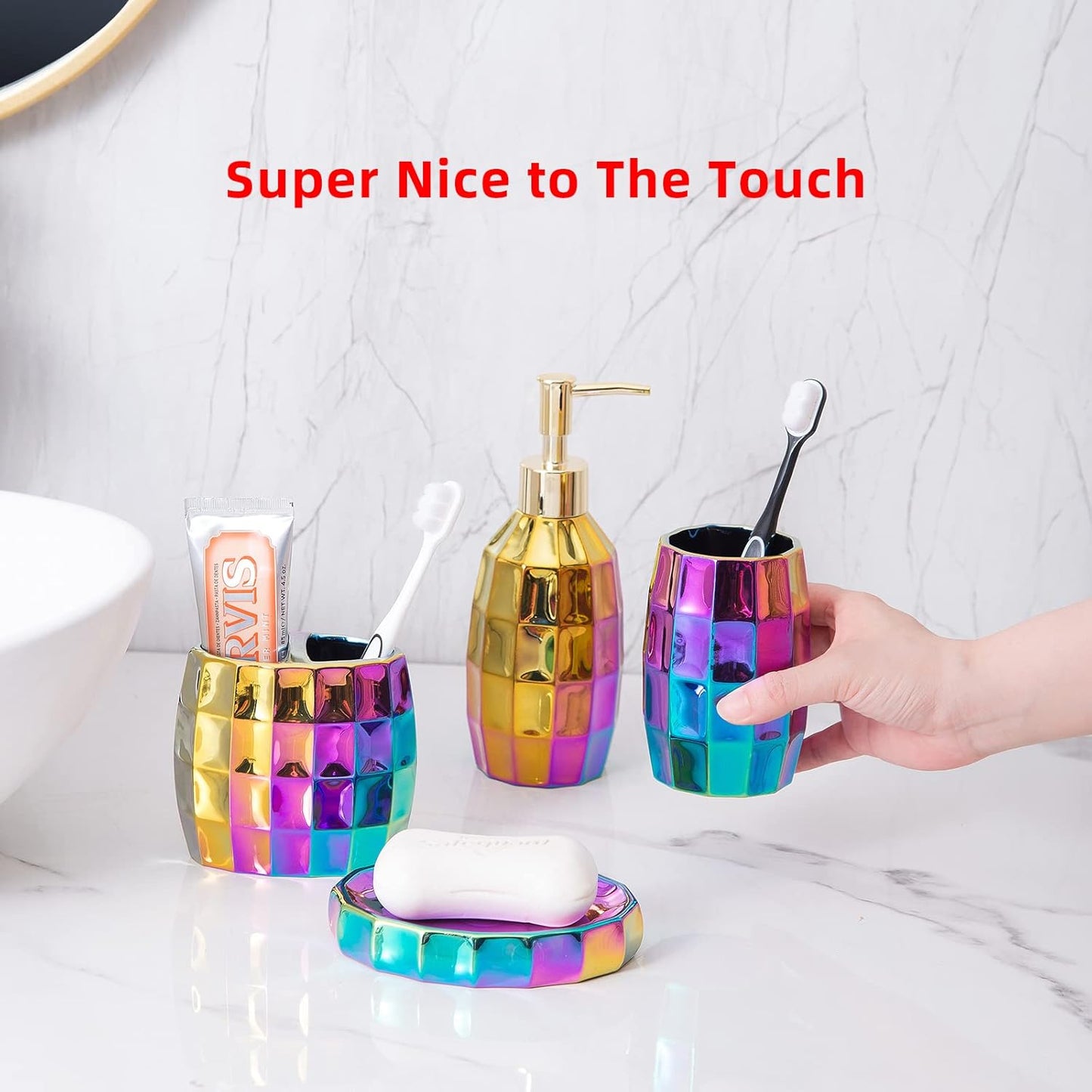 Rainbow Bathroom Accessory Set, Colorful/Gold Mosaic Ceramic Bathroom Accessories Sets Includes Lotion Dispenser, Toothbrush Holder Tumbler, and Soap Dish