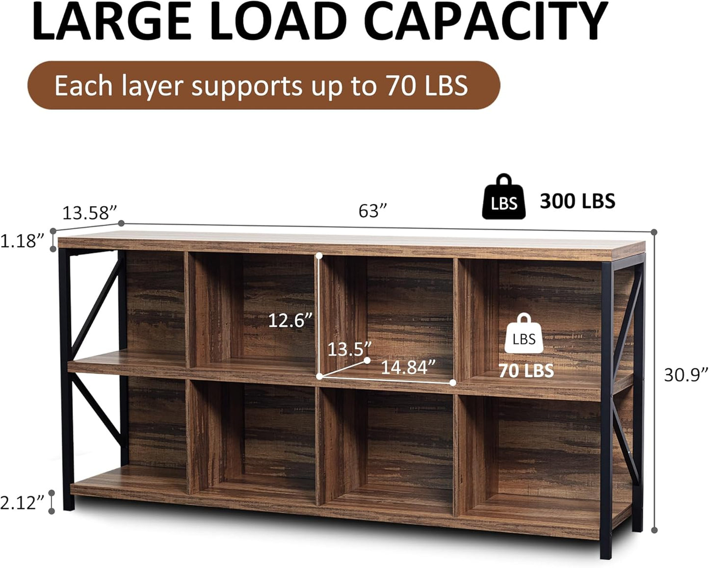 8 Cube Storage Organizer Bookshelf, Industrial Horizontal Bookcase, Accent Cubby Shelf, Media Console Table for Living Room, Home Office, 63 Inches, Light Oak