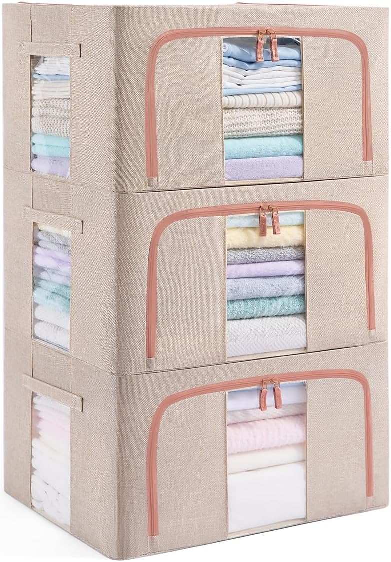 3 Pack 24L Stackable Clothes Storage Bins with Metal Frame Handles & Zipper, Collapsible Closet Organizer Box with Lid for Bedding Blankets Towel (Beige)