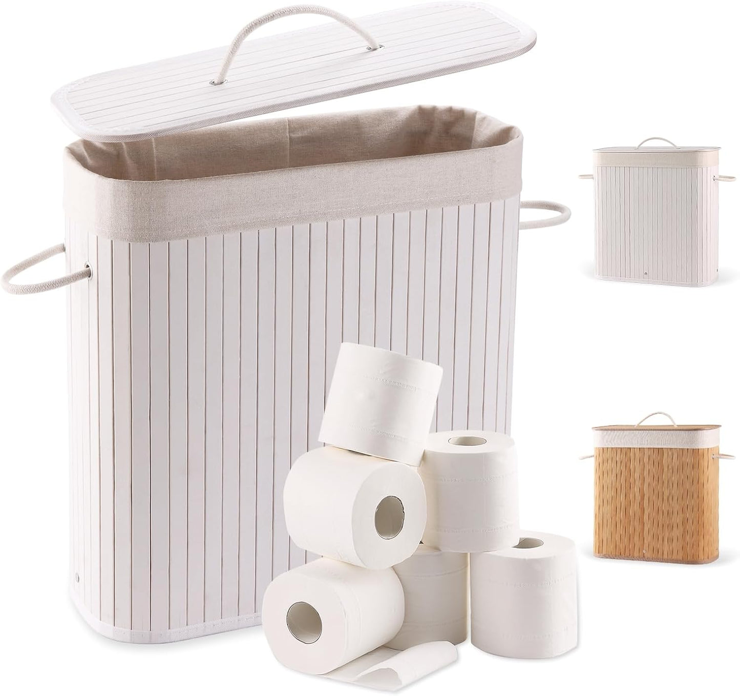 Bamboo Toilet Paper Storage with Lid & Handel, 8 Gallons (30L), Sturdy Toilet Paper Basket, Organizer for Bathroom, Kitchen, Holder with Storage, White