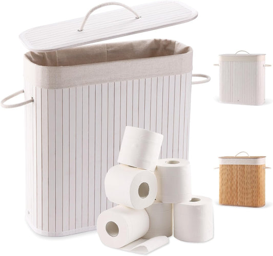 Bamboo Toilet Paper Storage with Lid & Handel, 8 Gallons (30L), Sturdy Toilet Paper Basket, Organizer for Bathroom, Kitchen, Holder with Storage, White
