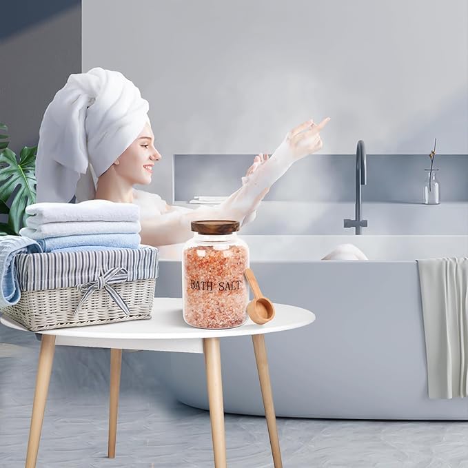 74 oz Glass Bath Salts Jar,Bath Salt Container with Wooden Lid and Scoop,Bathroom Organizers and Storage,for Bathroom Bath Decor,Home Decor,Bathtub Accessories for Women